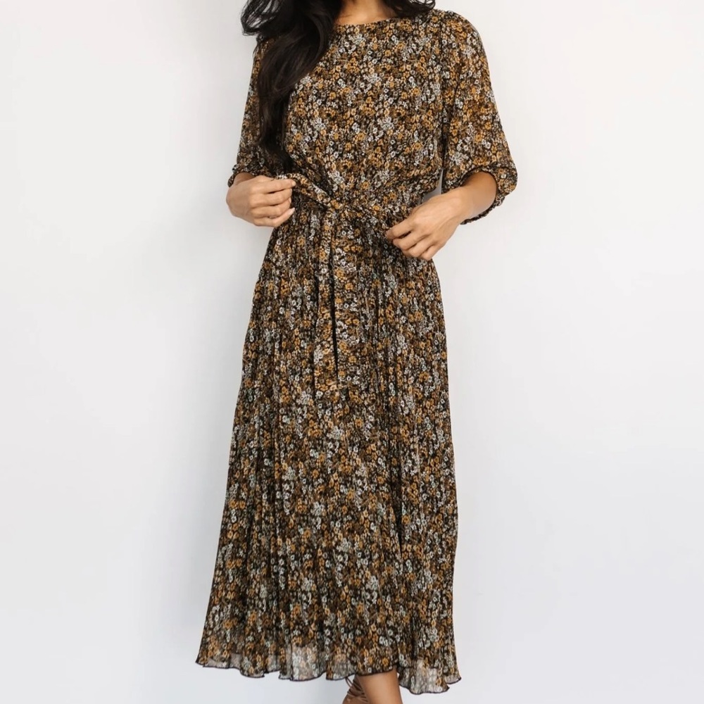 Baltic Born Brown Floral Pleated Midi Dress